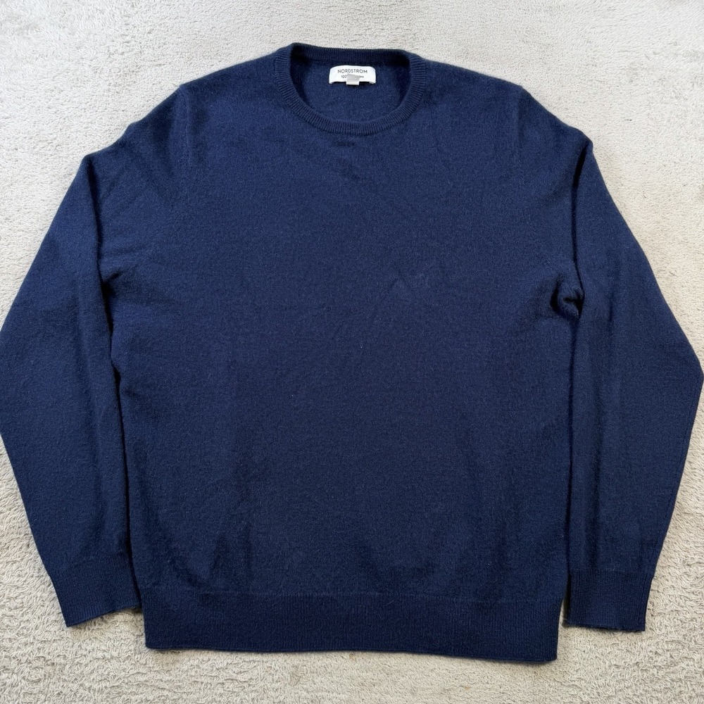 Nordstrom Sweater Mens Large Navy Blue 100% Cashmere Crewneck Soft Pullover
